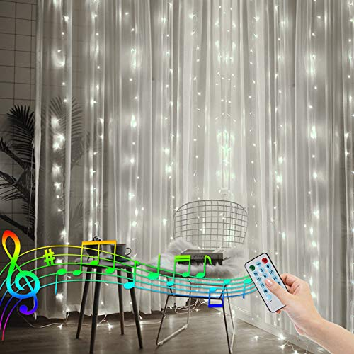 Cortina de luces LED de 2 m x 2 m, para interiores, funciona con pilas, para Pascua cortinas de luz, mando a distancia, sonido activado, sincronización de música, jardín, exterior (blanco)