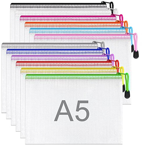 12 Stück bunte Dokumententasche A5 wasserdichte Dokumententasche Reissverschluss, A5 transparent Dokumententasche Kunststoff für Dokumente, Quittung, Papier, Schule, Prüfungsblatt, Kosmetik, Reise