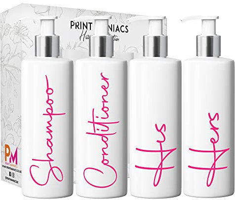 Print Maniacs White Mrs Hinch Inspired Personalised 500ml Pump Bottles Bathroom Lotion Kitchen Set Shampoo Conditioner (Set 4 His Her, F2 ) (Pink)