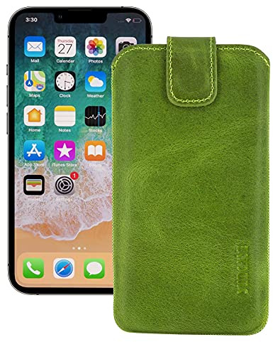 Suncase ECHT Leder Tasche kompatibel mit iPhone 13 PRO (6,1 Zoll) mit ZUSÄTZLICHER Transparent Hülle | Schale | Silikon Bumper Handytasche (mit Rückzugsfunktion und Magnetverschluss) in Kiwi grün