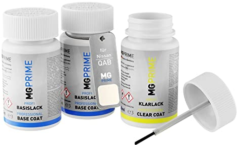 MG PRIME Peinture voiture Kit de stylo retouche pour Nissan QAB Brilliant White Pearl/Blanc Lunaire de fond, de base, de vernis de 50ml par flacon
