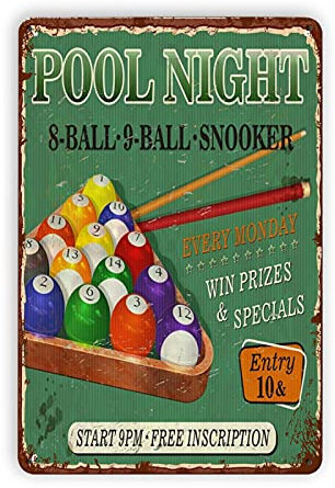 JIUFOTK Billard-Metallschilder Heimdekoration Pool Nacht Blechposter Snooker Club Garage Zimmer Wanddekoration Plakette 20,3 x 30,5 cm