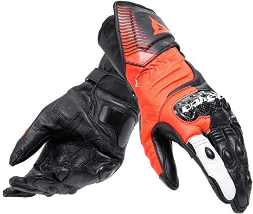 Dainese - Carbon 4 Long Gloves, Lange Sport-Motorradhandschuhe aus Leder, Knöchelschoner aus Carbon, Mann, Schwarz/Fluo-Rot/Weiß, S