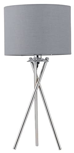 firstchoicelighting Polished Chrome Tripod Table Lamp or Bedside Light, Modern Design, Grey Cotton Fabric Shade, Height 52cm, LED Compatible