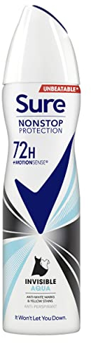 Sure Invisible Aqua Nonstop Protection deodorant spray that protects against white marks and yellow stains Anti-perspirant Deodorant Aerosol 72h protection against sweat and odour 150 ml