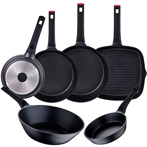 Juego de 4 sartenes + Wok + Sarten asador San Ignacio.