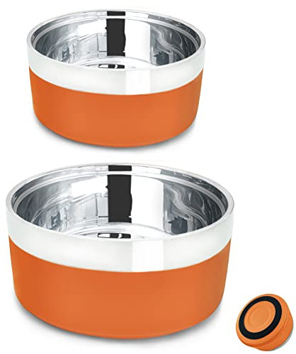 Dog Bowl Stainless Stee Large Cat Bowl, Non-Slip Dog Cat Food Water Bowls,Feeder Dog Bowls for Small Medium Sized Cats Dogs,Double Insulation Heavy Weighted Metal Pet Bowl-2Pack 650ml+1100ml (Orange)