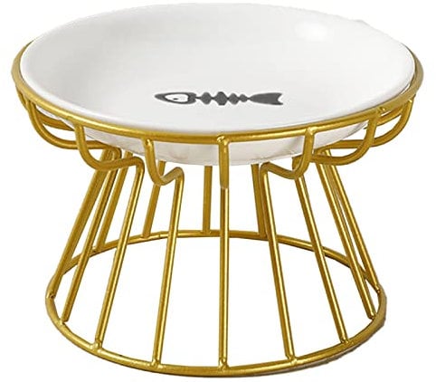 GALER Raised Cat Bowl, Cat Food Bowl w/ Metal Stand, Ergonomic Cat Plate Elevated Cat Bowls Ceramic Anti Vomit Cat Feeding Bowl Food Water Shallow Tilted Ceramic Dish Cat Small s (Glod,Fish), Gold