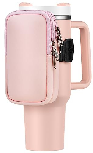 Water Bottle Pouch for Stanley Cup 40oz 30oz, Running Water Bottle Bag for Cards, Keys, Phone, Gym Accessories for Men Women, Travel Tumbler Mug Pouch Compatible with Stanley, Simple Modern(Pink)