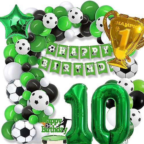 10 Fußball Geburtstag Deko Junge, 10. Football Geburtstagsdeko Mädchen, 10 Jahre Ballon Grün Luftballon Girlande mit Happy Birthday Girlande für Kinder Geburtstag Party Fußball Deko 10.Geburtstagsdeko