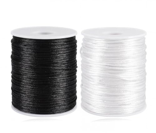 Suo Long Fil pour la Fabrication de Bracelets et Bijoux - Cordon en Nylon Satiné 2 Rouleaux Noir + Blanc 100M/Rouleau - Fil pour Bracelets, Lanières, Macramé, Bracelets d'Amitié, Perlage, Kumihimo