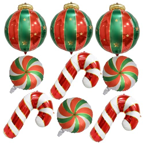 Weihnachts Folienballons, Weihnachten Deko Zuckerstangen Süßigkeiten Weihnachtskugeln Weihnachtsball Helium Ballons, Rot Grün Gold Weihnachtsdeko Luftballons Set für Neujahr Christmas Party Dekoration