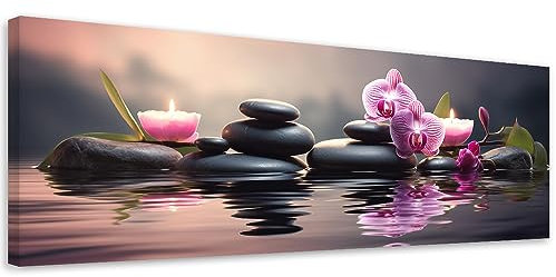 Feeby Bilder Steine Orchidee Kerzen 100x40 cm 1 tlg Schlafzimmer Modern Vlies Leinwandbilder Bild auf Leinwand Kunstdruck Wand Wanddeko Design Wohnzimmer Büro Flur Hotel Spa Zen Spa Wasser Violett