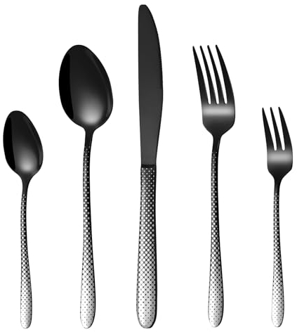 Besteck Set Schwarz 6 Personen, HONKKU 30 Teilig Edelstahl Besteckset, Essbesteck mit Einzigartiges Laserpunktmuster, Messer Gabel und Löffel Set Spülmaschinenfest