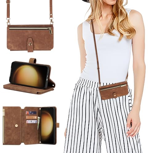 ZCDAYE Hülle für Samsung Galaxy S24 mit Band Handykette, Leder Samsung S24 Handyhülle Handytasche mit Kartenfächern Frauen Brieftasche Klapphülle zum Umhängen Tasche Samsung S24,Braun