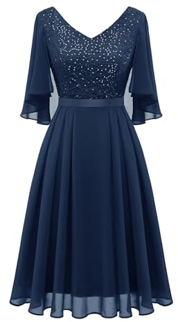 Dressystar Damen Elegant Cocktailkleid V-Ausschnitt Spitzenkleid Pailletten Knielang Partykleider Chiffon Federmausärmel Marineblau M