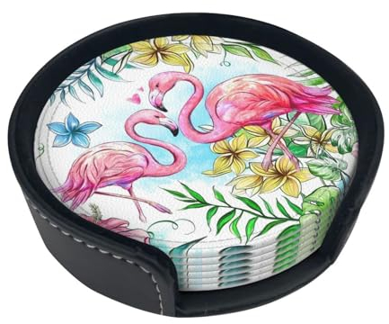 Untersetzer mit Flamingo-Blumendruck, 6 Stück, für Getränke, Leder, rund, Bierdeckel-Untersetzer, rutschfest