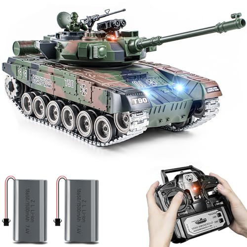 Supdex RC Panzer 1/18 Russischer T90, 2.4GHz Panzer Ferngesteuert mit Schussfunktion, WW2 Modell Panzer Metall Ketten Kampfpanzer, mit Rauch, mit Licht und Sound für Erwachsene und Kinder