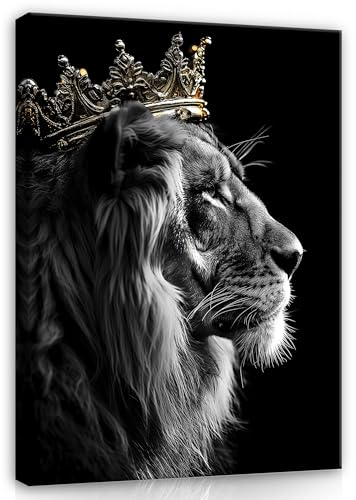WallArena - Leinwand Bilder - Löwe mit Krone Motivation Abstrakt Tiere Schwarz Weiß - 120x80 cm Leinwandbilder Bild auf leinwand Wandbild XXL groß Wandbilder für Wohnzimmer Schlafzimmer Modern