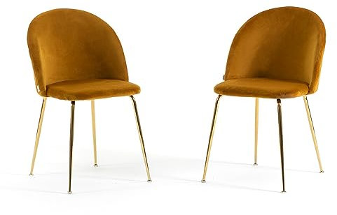 RATTATAN Sara - 2 Chaises fauteuils rembourrées en Velours ou Teddy pour Cuisine ou Salle à Manger avec Pieds en métal (Pieds dorés, Velours Jaune Moutarde)