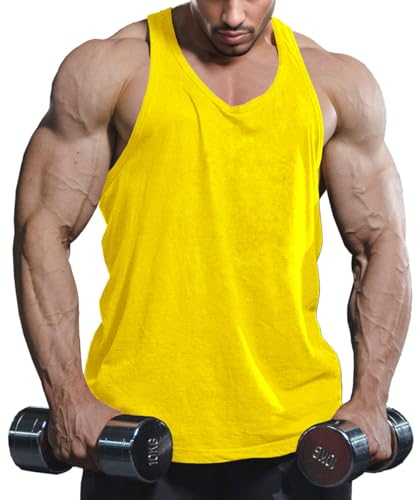 Lehmanlin Herren Sport Stringer Tank top,Bodybuilding Workout Tank Tops für das Fitnessstudio,Tägliches Training lässige T-Shirts Quick Dry(Reines Gelb, XL)