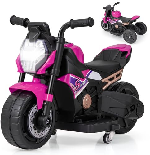 GOPLUS 6 V Moto Electrique Enfants, 2 en 1 Moto Porteur Bebe avec Roues d'Entraînement Amovibles, Fonction Musique, 2-3 km/h, Phare Avant & Klaxon, pour Enfants 1,5-3 Ans, Charge 20KG(Rose)