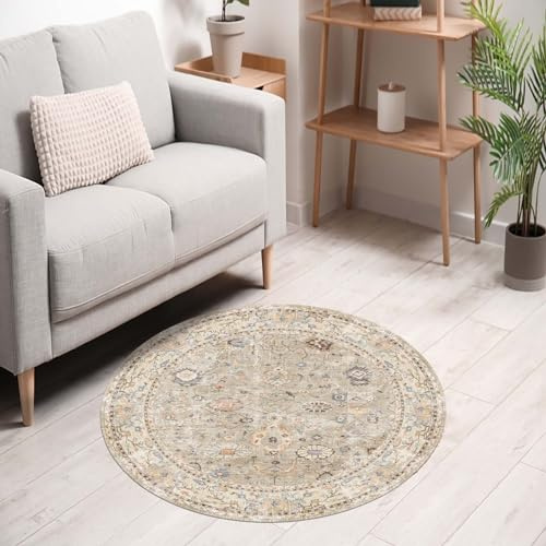 bamyum Monty Bedruckter Teppich Chenille-Druck Maschinell Hergestellt 160 x 160 cm, Waschbarer Wohnzimmer Vintage Schlafzimmer, Antibakteriell Antirutschunterlage Küchenteppich Beige
