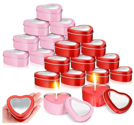 melairo 24pcs 4oz Kit de Boîtes en Métal en Forme de Cœur avec Couvercle Transparent pour Bougies Chauffe-Plat Vides