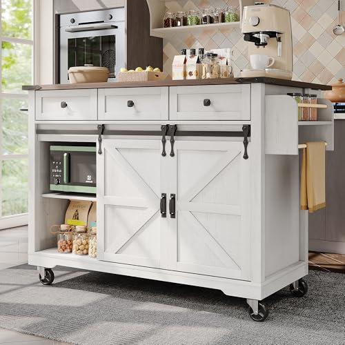 Ymkua Küchenwagen, Kücheninsel Küchenschrank, Speisewagen Anrichte auf Rollen, Esswagen Anrichte mit 2 Türen und 3 Schubladen, Buffetschrank mit Ausziehbarer Arbeitsplatte für Esszimmer, Küche, Beige