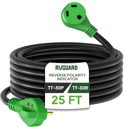 RVGUARD - Cavo di prolunga per camper da 30 amp da 25 piedi con indicatore di polarità inversa, cavo STW calibro 10/3 resistente con organizer per cavi, spina standard TT-30P/R, verde,