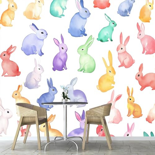 Papier Peint Panoramique Lapin De Dessin Animé, 400×280cm Lapin À L'Aquarelle Animal Papier Peint soie Personnalisé Photo Murale pour Salon Chambre d'enfants Décoration Murale