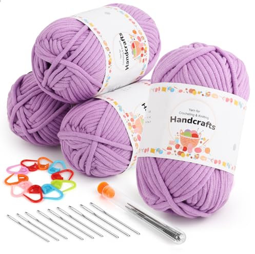 Aeelike 4X50g Baumwoll-Nylon-Garn mit Zubehör, Schlauchgarn zum Häkeln mit gut Sichtbaren Maschen, Textilgarn zum Häkeln für Körbe, Taschen, Puppen, Hellviolett Easy Yarn Wolle für Anfänger