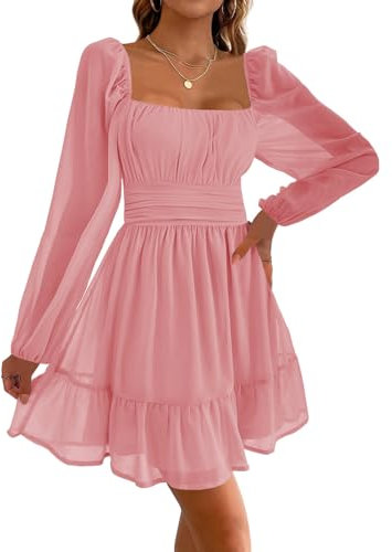 Imily Bela Damen Kleider Square Neck Partykleid Mesh Minikleid High Waist Falten Langarmkleid Hochzeitsgast mit Rüschen(Rosa, S)