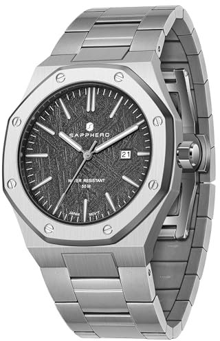 SAPPHERO Uhren Herren Quarzwerk Silber Edelstahl Armband 50M Wasserdicht Datum Kalender Schwarz Blau Herrenuhren Armbanduhr Geschenke für Männer