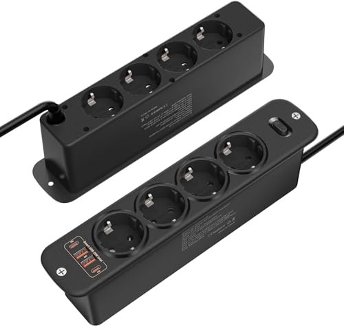 Beidseitige Einbau Steckdosenleiste 8 Fach (4000W/16A), Versenkbare Tischsteckdose mit 2 USB-C (PD20W) & 2 USB-A (QC18W), Perfekt für Küche, Büro & Arbeitsfläche, 2M Kabel, Schwarz