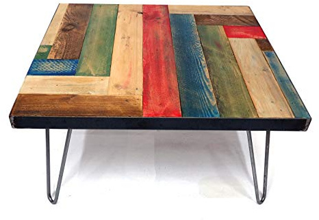 Artefizio Kaffeetisch Bunt Personalisiert Holz Tischplatte Palette mit Gestell aus unbehandeltem Stahl Beine mit Haarnadel (Marc Chagall, Rechteckige Pflanze 65x85 cm – Höhe der Beine 40cm)