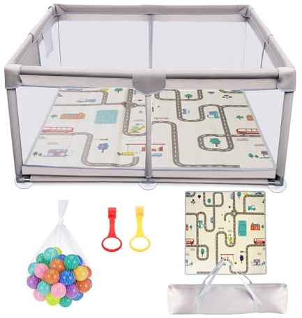 Laufstall Baby, Laufstall 120x120cm, Laufgitter Baby mit Matratze, Playpen mit Atmungsaktivem Netz, Saugnäpfen, 50 Ozeanbällen, Laufgitter 600D Oxford Gewebe, Innen/Außen Geeignet