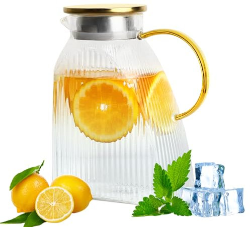 WEXFFU Fridge Door Water Jug, Fridge Jug with Lid, 1.8L/64oz Water Pitcher with Stainless Steel Lid for Hot/Cold Water, Glass Carafe for Homemade Juice Ice Tea Coffee Milk Wine and Beverage