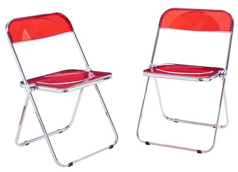 [en.casa] Klappstuhl Pornainen 2er Set Stuhl klappbar Esszimmerstühle 74 x 46 x 47 cm Schreibtischstuhl Belastbarkeit 120 kg Küchenstühle Metallgestell Rot, transparent