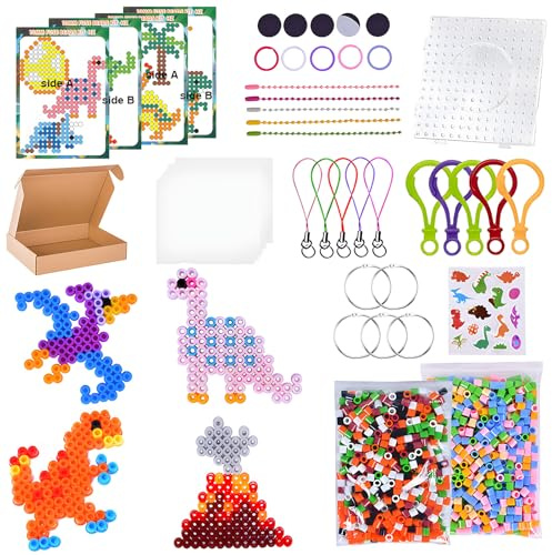Bügelperlen Groß Set 10mm, 1000 Stück XL Steckperlen mit Bügelperlen Platten,10 Muster und 10 Bunte Farben, Dinosaurier-Serie BügelperlenSet für Kinder ab 3 Jahren Kreatives Basteln Handwerk Geschenk