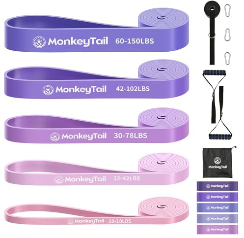MonkeyTail Widerstandsbandset, 5 Stufen (Unterschiedliche Intensitäten), für Heimtraining/Yoga/Krafttraining/Klimmzüge, inkl. verbesserter Türanker+Griffe, Tragbarer Tasche, Unisex