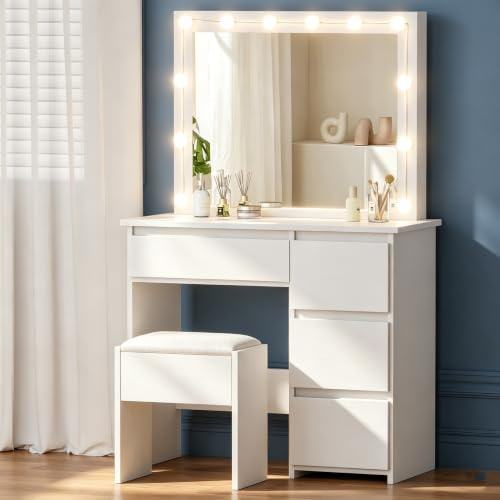 ALFORDSON Schminktisch mit Beleuchtung, Broadway-Spigel, Hocker, Weiß | Make up Tisch 80Bx38Tx140H cm, 4 Schubladen, 12 LED-Glühbirnen, 3 Lichtfarben, Helligkeit Dimmbar, Vanity fürs Ankleidzimmer
