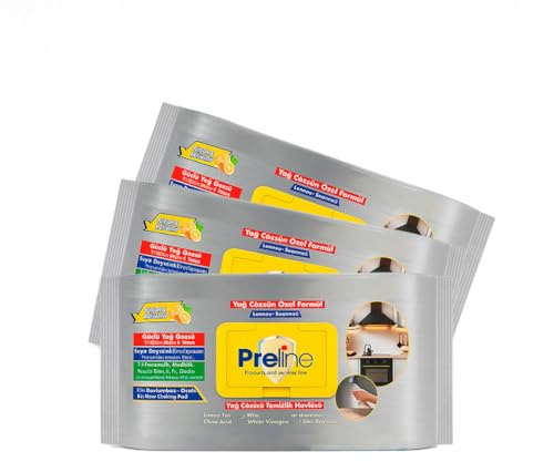 Preline Fettlöser Reinigungstücher, XL Starke & Große Tücher, Mit Weißem Essig & Natron, Zitronenduft, Entfernt Fett & Schmutz, Natürlich & Chemiefrei, Für Küche Herd & Backofen, 60 Stück (3)