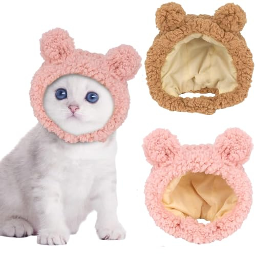 2 Stück Katzen Hut Lustig, Warm Bärenmütze, Süße Katze Wintermütze, Verstellbar Hundemütze, Weich Bequem, Entzückendes für Katzen-Accessoires für Alltag und Party, für Kleine Haustiere (Rosa, braun)