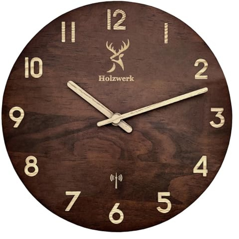 Holzwerk Germany Natur Holz Funkwanduhr Funk Wanduhr Holzuhr Vintage Funkuhr lautloses Uhrwerk ohne Tickgeräusche Braun Weiß lautlos aus handgefertigtem Massivholz Natur 25 cm (Holzwerk.Braun.)