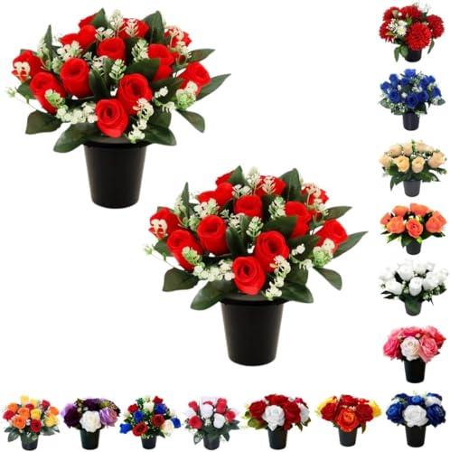 Homesecret Pack 2 Artificial Flowers for Graves in Pots 25cm | 12 Head Red Grave Flower Pots for Christmas | Luxury Memorial Flowers for Graves, Funerals & Lasting Tributes | All Season Displays