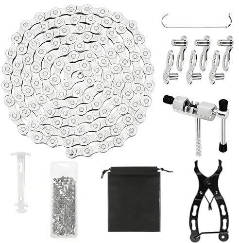 Bike Chain, 6/7/8 Speed Chain 116 Links (1/2x3/32), Anti-Rust Bicycle Chain with Link Plier, Hook, Cutter, Inspection Gauge & 3 Master Links, Mountain/Road Cycling Maintenance Tool Set