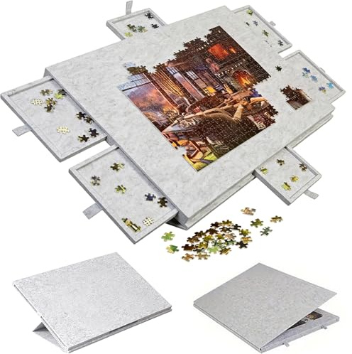 LUPATDY Table de Puzzle Inclinable, Plateau de Puzzle pour des Puzzles Jusqu'à 1000 Pièces, Plateau de Puzzles Portable avec 6 Tiroirs en Feutre avec Support et Couvercle 2-en-1 (Gris Argenté)