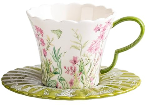 OHAANYY Taza Café Porcelana Platillo Vajilla Flores Mariposas Té Verde (Verde2)