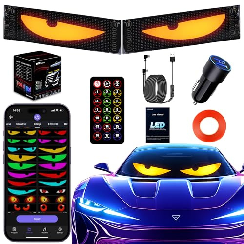 LED Auto Yeux “Devil Eyes” – Écran LED Programmable USB pour Pare-Brise/Lunette Arrière, Étanche, Ultra-Fin et Flexible, Panneau Matrix Dynamique Softscreen DIY, Lot de 2, 9,2 × 37,4 cm